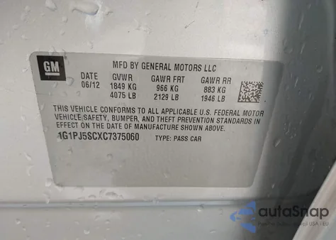 2012 Chevrolet Cruze Eco z USA, uszkodzony, nr VIN 1G1PJ5SCXC7375060